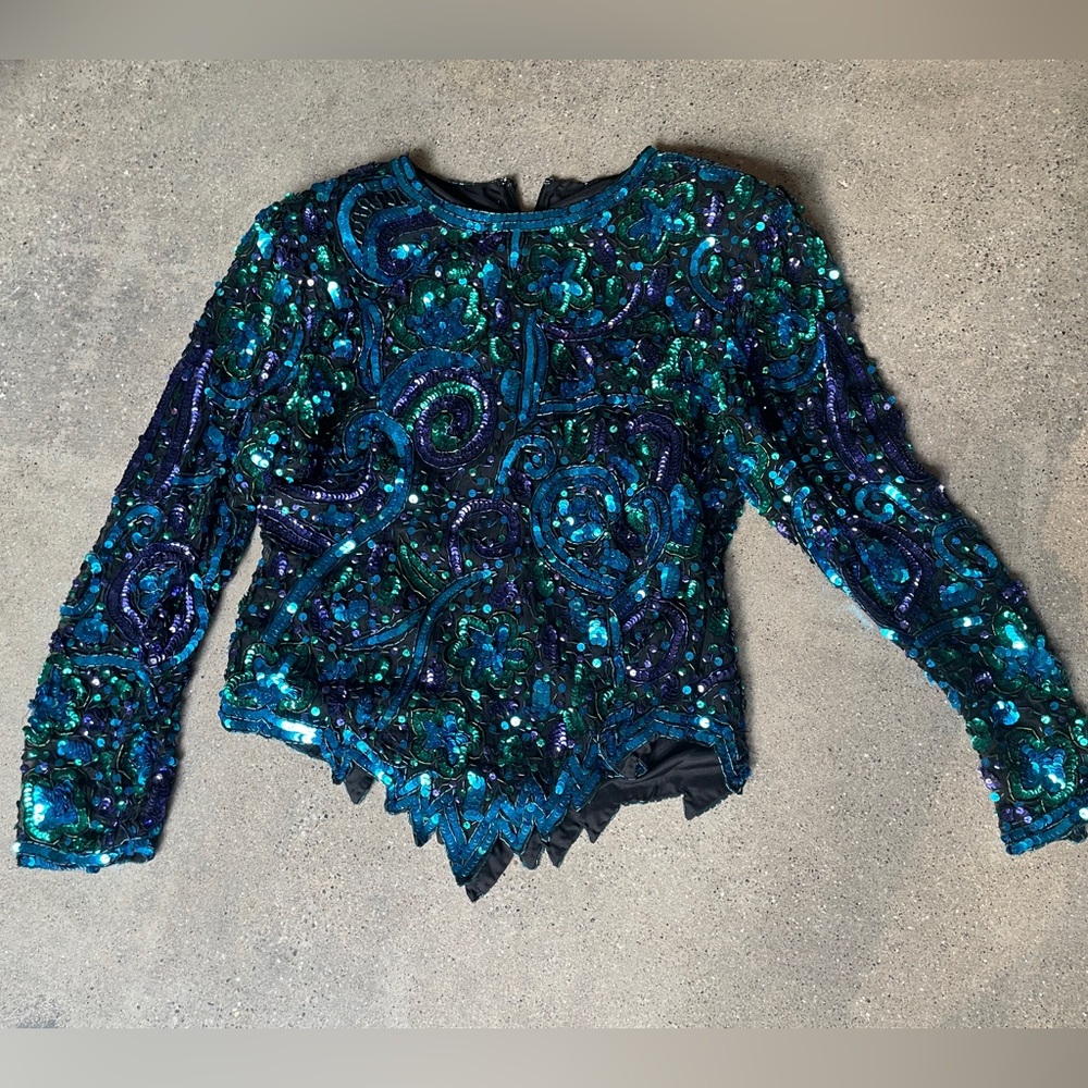 Laurence Kazar VTG TTeal Blue Purple Sequin Beaded Shimmer Women Blouse Medium